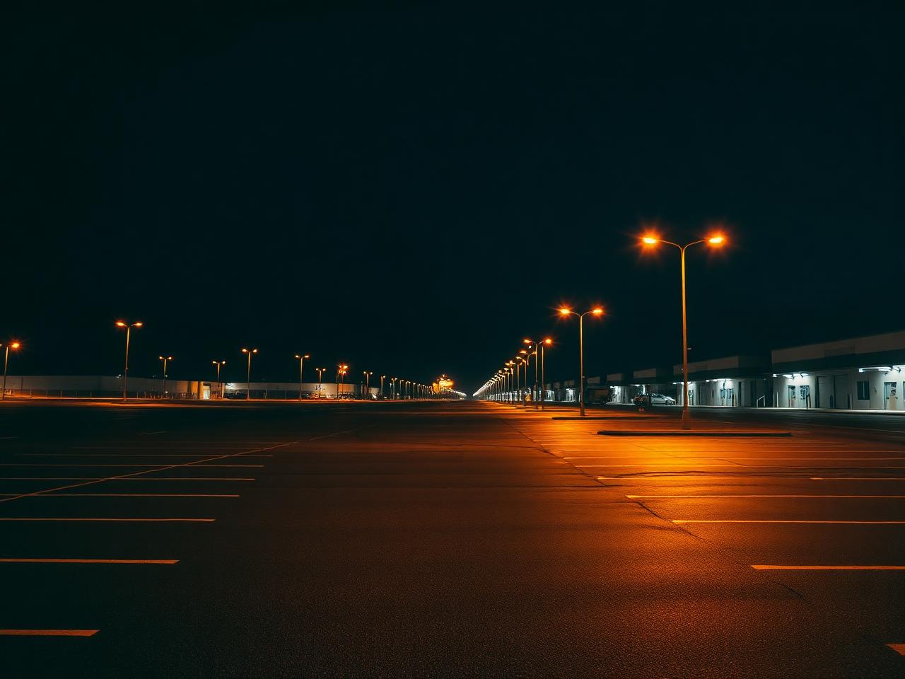 Empty Sacramento business park parking lot lit at night, patrolled after hours